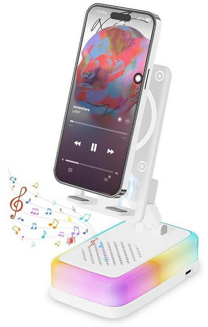무선 인덕션 블루투스 스피커 360° 회전 휴대폰 스탠드 3000mAh 대형 배터리 5 in 1 휴대용 홀더 RGB 조명 및 비상 충전기 포함 남성 여성을 위한 기술 선물 (, 화이트