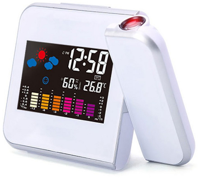 氣象投影時鐘 LCD彩屏180度旋轉電子鐘 天氣預報溫濕度鬧鐘, 白色