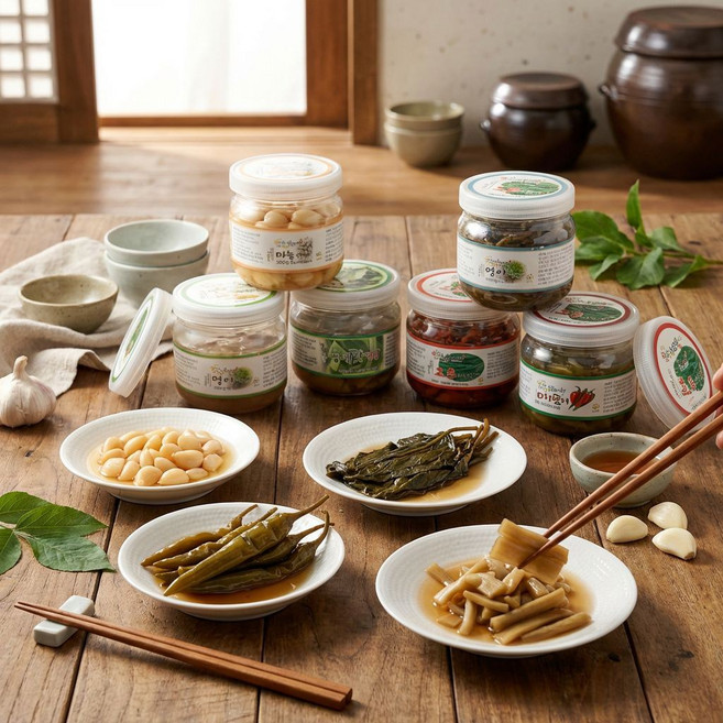 전통장인의 비법 소스로 만든 장아찌 6종 (깻잎 마늘 고추 명이 명이 멜론 장아찌), 300g