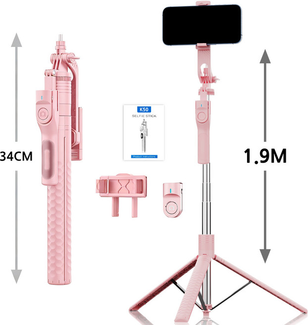 Ditwo 190cm 초경량 그립 핸들 블루투스 삼각대 셀카봉 광각 브이로그 촬영 3in1, 1개, 핑크, small