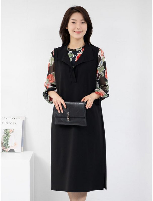 모슬린 엄마옷 카라 민소매 롱 원피스 MQG125912 마담 미시 중년여성 빅사이즈 할머니옷 50대 60대 70대