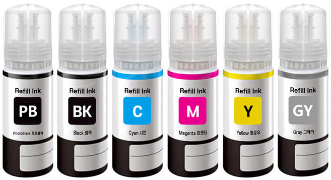 엡손011 엡손012 호환 무한리필잉크 6색세트 T07K T07J Ecotank L8160 L8180, 1세트, 검정+포토검정+청록+진홍+노랑+회색