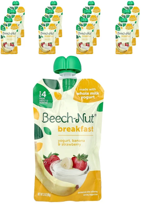 Beech-Nut 브렉퍼스트 생후 12개월 이상 요거트 바나나 & 딸기 파우치 12개 각 99g(3.5oz) Beech-Nut (비치넛) - 쿠팡