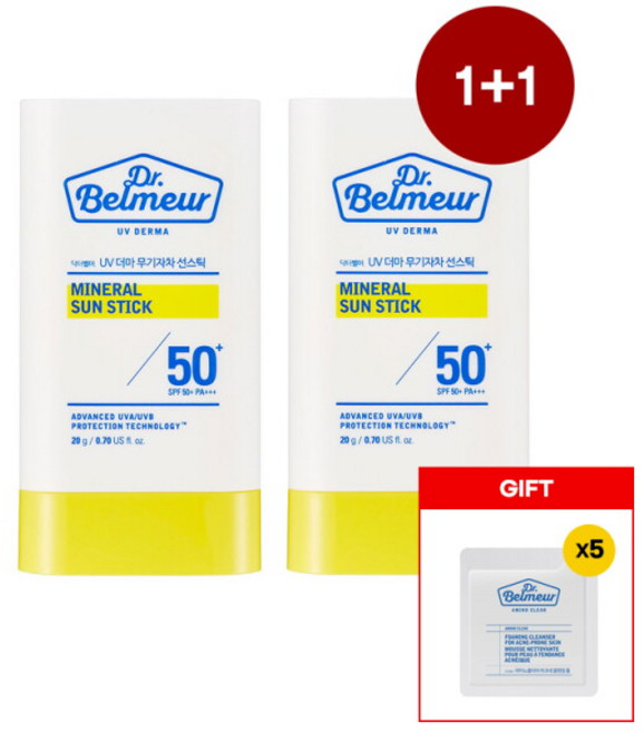 [더페이스샵] [더블구성] 닥터벨머 UV더마 무기자차 선스틱 SPF50+ 20g + 닥터벨머 아크네 클렌징폼 1.5ml x 5매, 2개