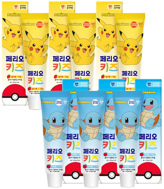 [KT알파쇼핑]페리오 키즈 3단계 치약 피카츄 3개 + 꼬부기 3개 75g, 1세트