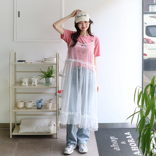 데일리앤 로아 도트 망사 레이스 뷔스티에 시스루 레이어드 끈 롱원피스 땡땡이 원피스