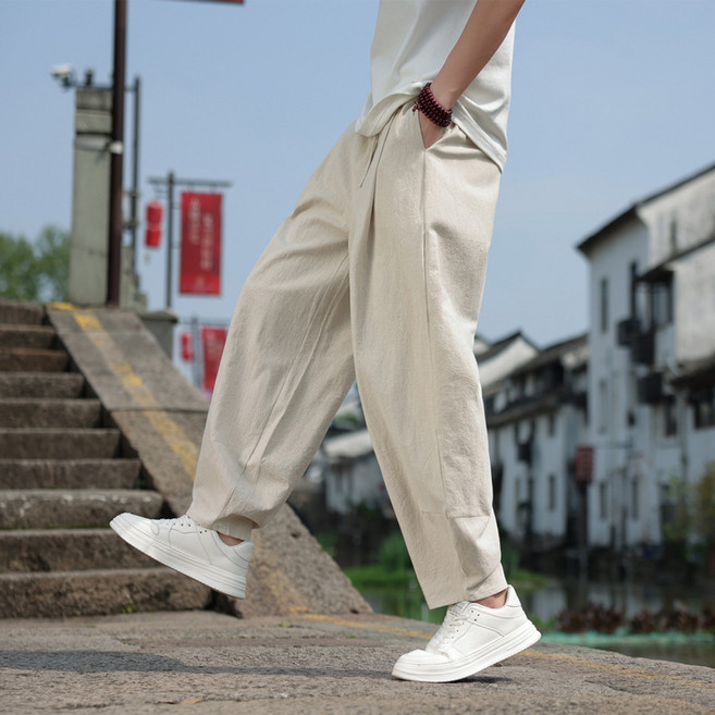 棉麻休閒褲 男款 夏季 闊腿 透氣 中國風 純棉 寬鬆 太極服 燈籠褲 漢服 禪修 居家 舒適+卡其色+2XL