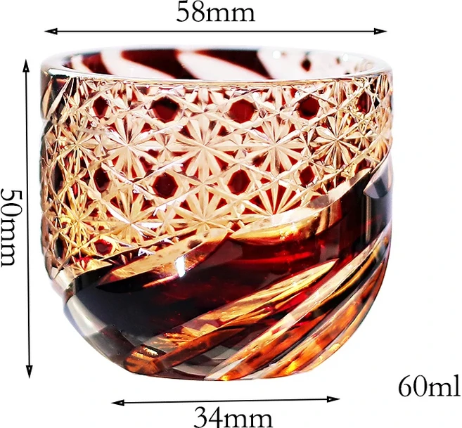 2온스 일본 사케 하우스 컬러 유리 에도 키리코 샷 차가운 차 컵 각인된 소주 앰버 게스트 파티, 21 Red and Amber 3