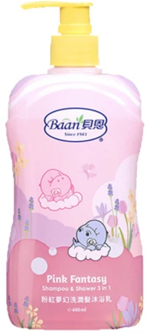 Baan 貝恩 粉紅夢幻洗髮沐浴乳 3合1 嬰幼兒洗髮精 沐浴乳 400ml, 1個