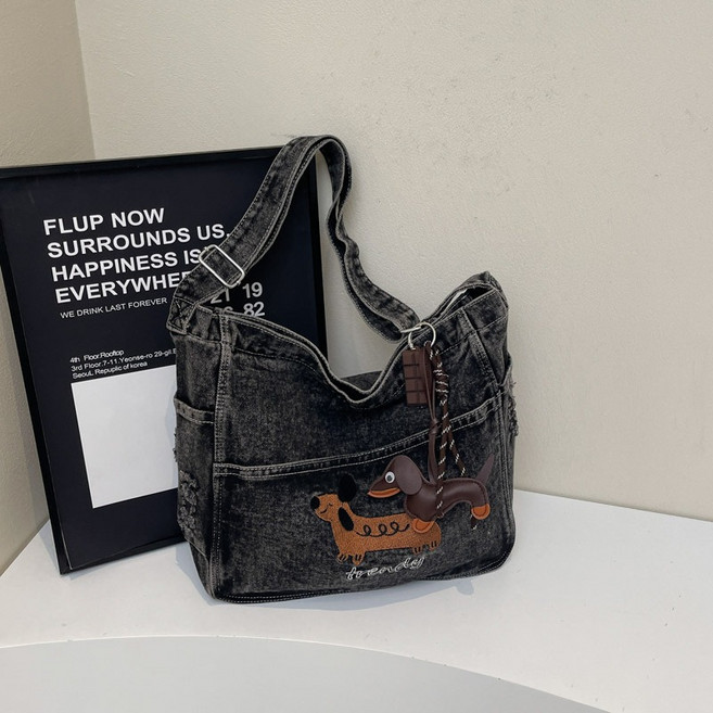 여성 대용량 데님 크로스백 | 캠퍼스 빈티지 캔버스 숄더백