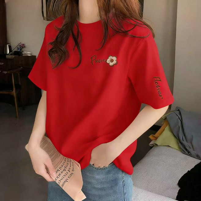 純棉圓領短袖T恤女 寬鬆遮肉設計感大尺碼上衣