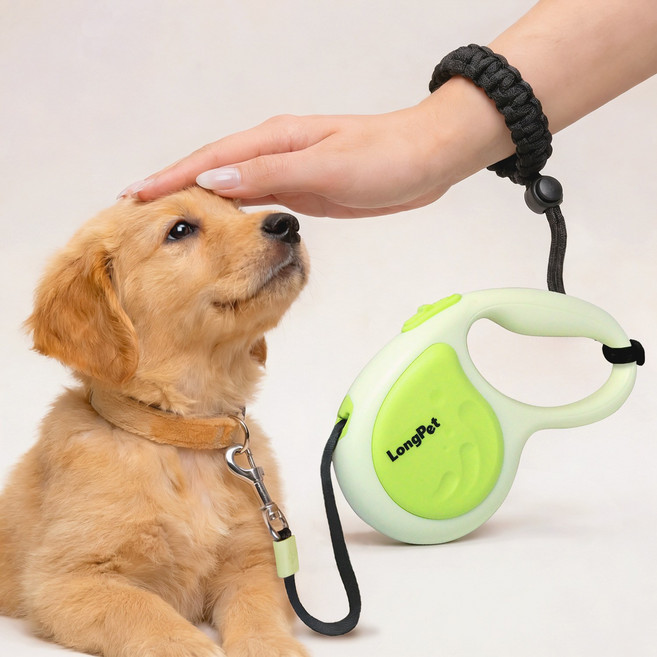 롱펫 고급형 강아지 자동리드줄 360도 꼬임방지 + 이탈방지 손목밴드 세트, 그린, 1개