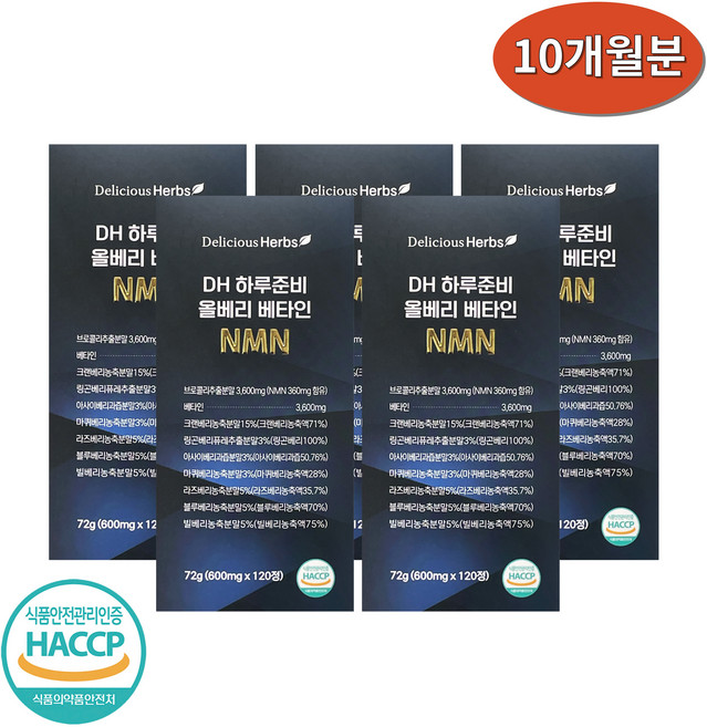 DH 하루준비 올베리 베타인 NMN 대용량 600mgX120정x5 10개월분 브로콜리 크랜베리 링곤베리 아사이베리 마퀴베리 라즈베리 블루베리 빌베리, 5개