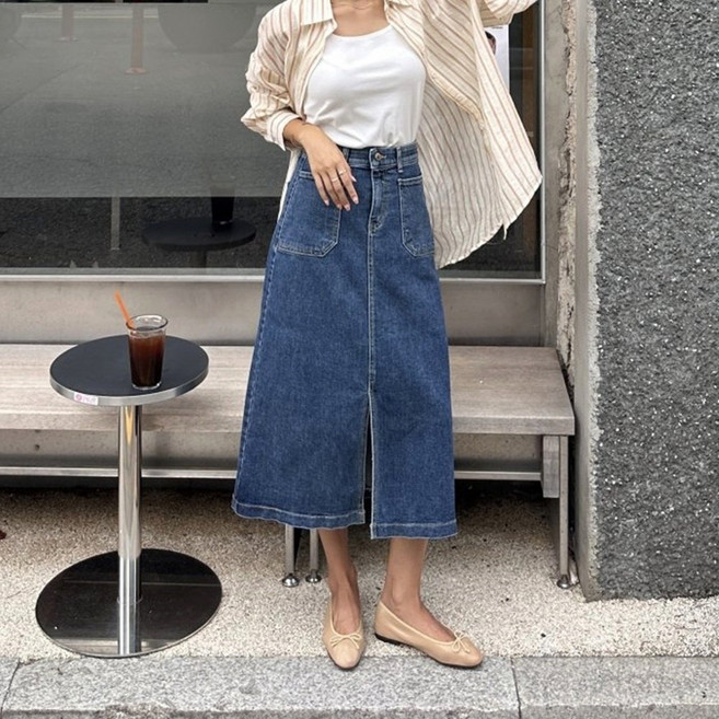 히든밴딩 앞포켓 앞트임 A라인 데님스커트 7부 청치마 진청 블랙