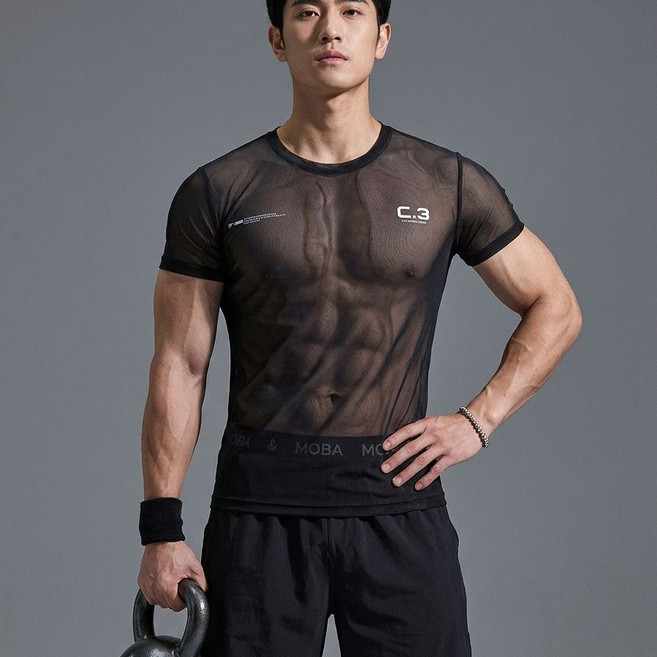 AOLASUDI 男子夏季網紗運動短袖 高彈健身訓練透明上衣, 1個, 黑色XL
