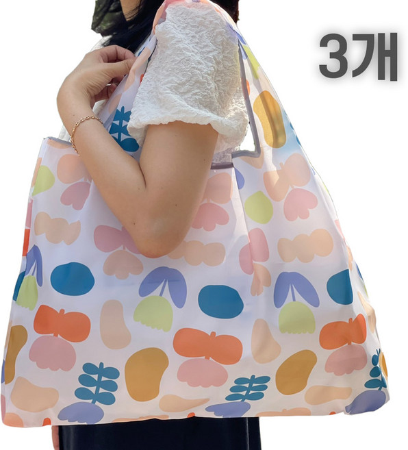 이앤티 휴대용 접이식 포켓 대형 장바구니 패턴 시장가방, 3개, 이앤티 화이트플라워