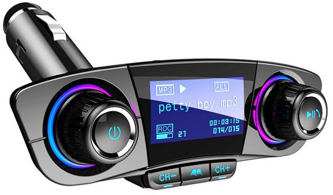 차량용오디오송신기 블루투스 5 0 차량용 어댑터 FM/AUX 송신기 키트 MP3 플레이어 자동 무선 핸즈프리 듀얼 USB 충전기 LED 스크린, Black, 1개