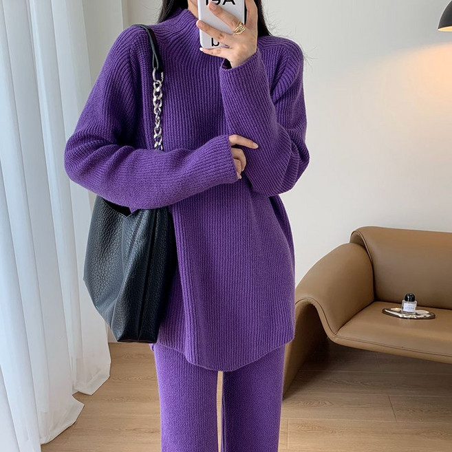 임산부 세트 가을 겨울 여성 캐주얼 임부복 루즈핏 반폴라 니트 스웨터 + 하이웨이스트 와이드 팬츠 상하의 투피스 기질 임부 투피스 세트 CY