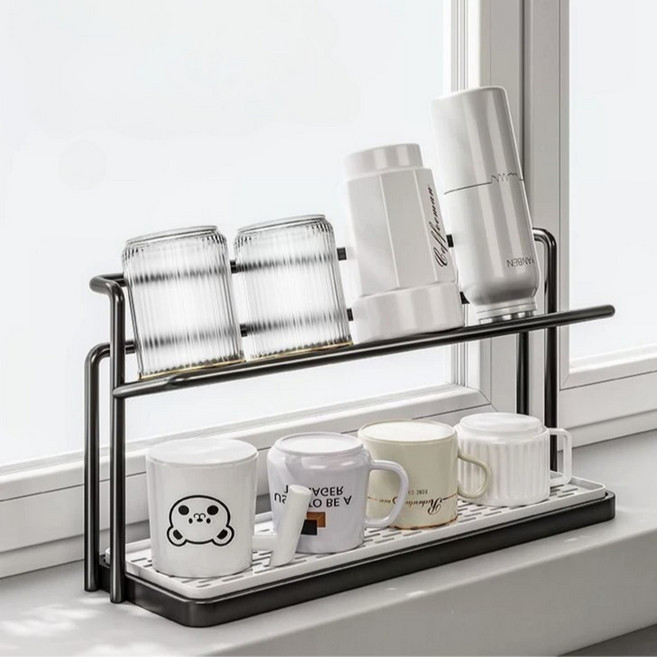 바이디스 물빠짐 컵건조 텀블러 건조대 컵꽂이 수납 선반 2단 정리대, 1개, 텀블러건조소형블랙