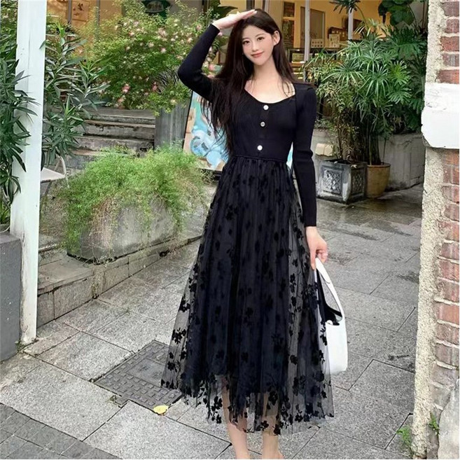 TKX 원피스 여성 가을 겨울 롱슬리브 레이스 세련된 롱원피스 빅사이즈 모임룩 KD97