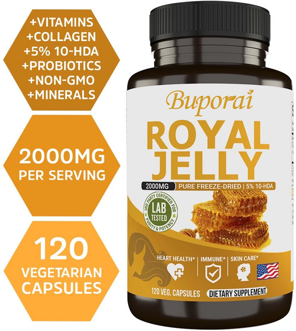 로얄 젤리 캡슐 | 2000mg | 120정 | 비GMO 및 글루텐 프리 | 전통 보충제, 2개
