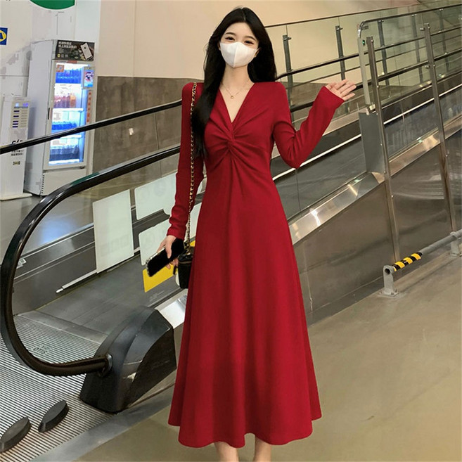 besteffie 여성 봄가을 심플 브이넥 롱 슬리브 빅사이즈 모던 원피스 매력적인 여자 클래식 이너웨어 코디 원피스 K78