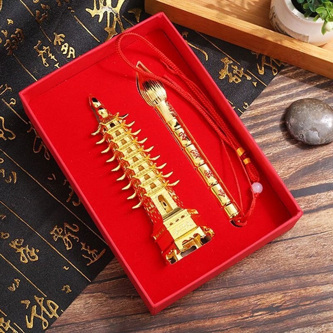 文昌塔文昌筆套裝 合金金色 附紅繩流蘇 高約13cm, 如圖所示, 1個