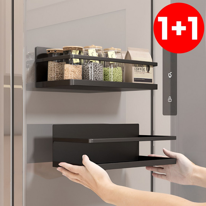 주방센스 모아르 냉장고 EZ 자석 수납 틈새 선반 부착형 철제 도어 1+1, 블랙