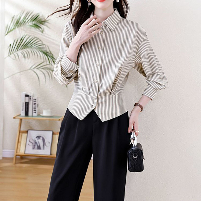 슬림소녀 여성 봄가을 슬림 긴팔 셔츠 스트라이프 심플 캐주얼 통근 면접 상의