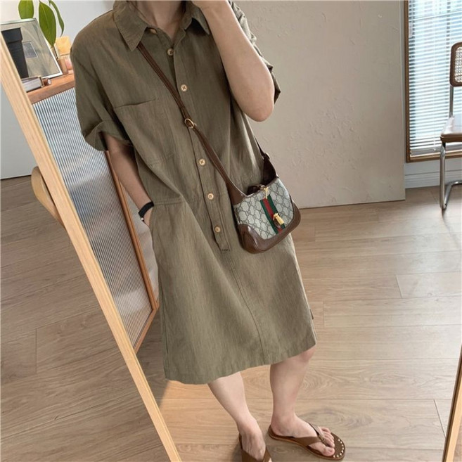 COSYEVNO 여성 면마 셔츠 원피스 심플 패션 캐주얼 여름 반팔 스커트
