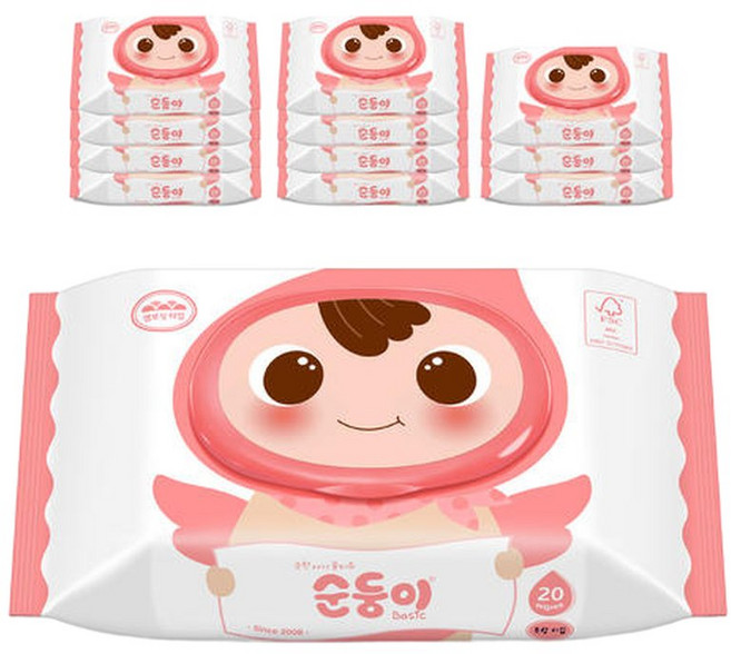 순둥이 베이직 무향 아기물티슈 휴대캡형 20매 12팩 (cB휴12), 12개