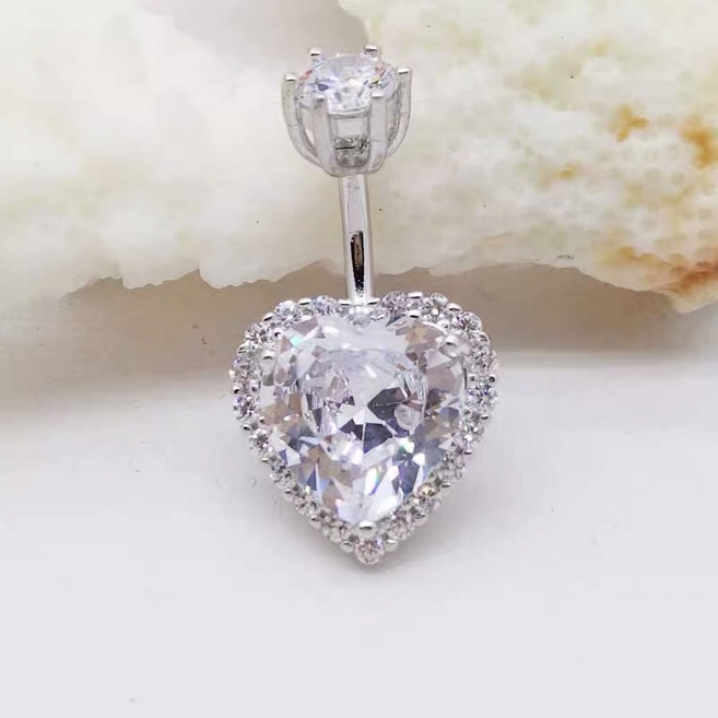 S925純銀愛心肚臍環 閃耀鋯石心形肚臍釘