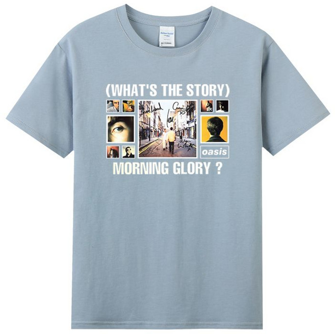 오아시스티셔츠 락밴드 반소매 면 티셔츠 브리튼 인기팝 남녀공용 라운드 반팔티, 파란색 1, 1개