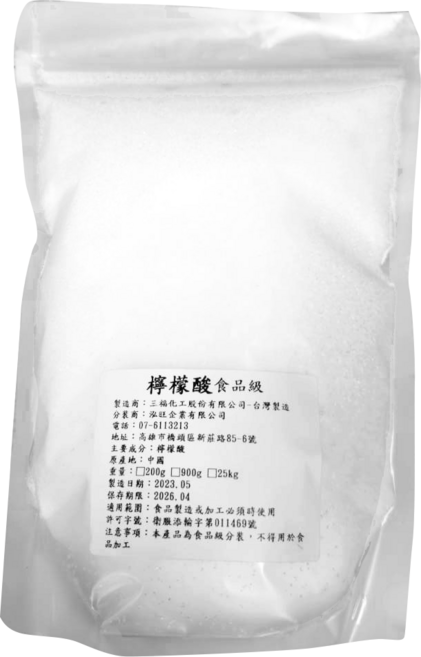 三福化工 食品級無水檸檬酸 站立袋裝 25kg, 900g, 1個