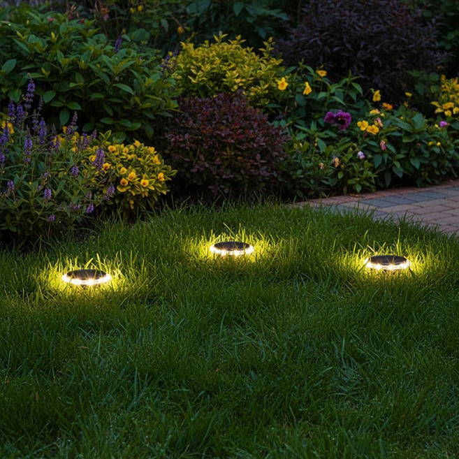 태양광 조명 정원 바닥등 웜색 원형 2p 야외 장식 방수 태양열 입구 조경