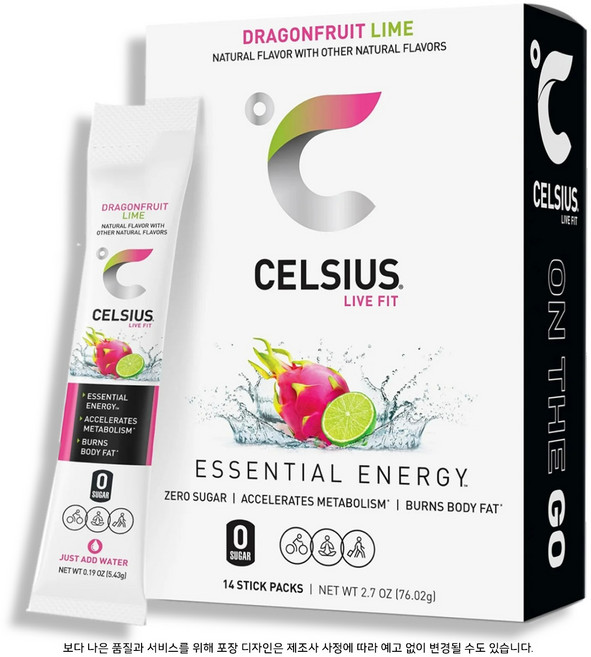 Celsius 셀시어스 온더고 에너지 파우더 무설탕 드래곤푸르트 라임 14스틱, 1개, 14회분