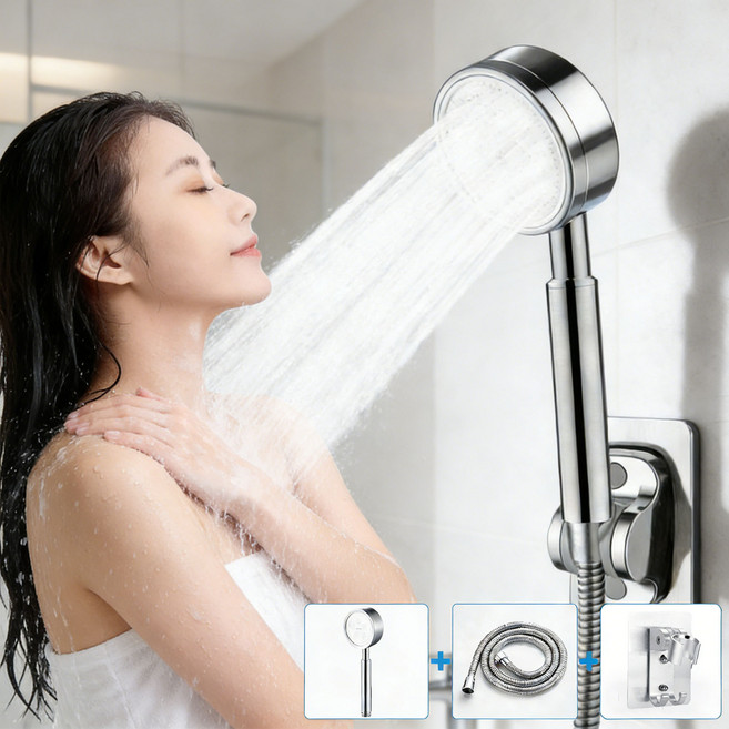 VELNIO 304 스테인리스 고압 손잡이 샤워헤드 증압 설계 1.5m 방폭 호스 포함 벽걸이 거치대 욕실용, 1개