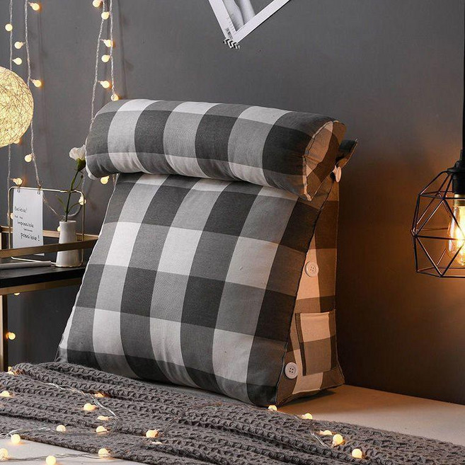 沙發靠墊抱枕護腰牀頭靠墊軟包牀上靠枕大靠背墊辦公室腰靠背護頸, 加厚帆布-黑白格,大號：寬59.9x高50x厚20cm 舒