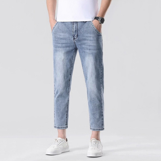 지디오 남성 여름 청바지 워싱 9부 슬림핏 데님 팬츠 얇은 긴바지