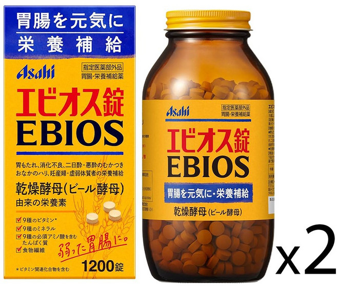 Asahi EBIOS Natural Material Brewers Yeast 에비오스 내추럴 브루어스 이스트 천연 맥주효모 1200타블릿 2팩, 1200정, 2개