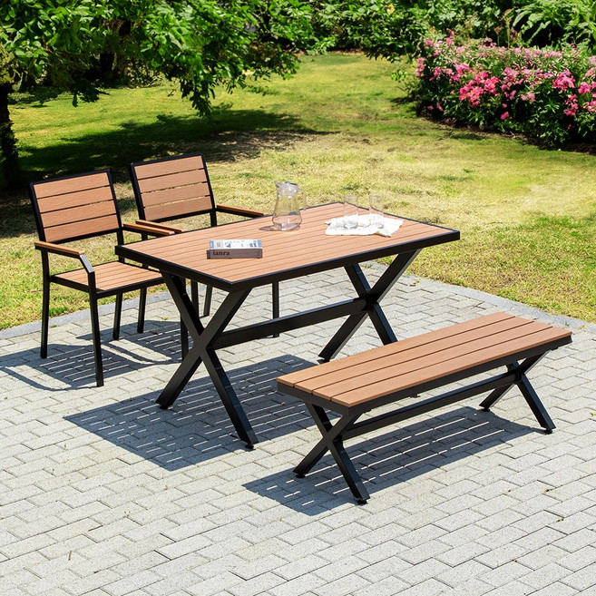 야드니 1300X800 수지목 벤치 1개 의자 2개 야외 4인 세트 카페 커피숍 정원 공원, 블랙