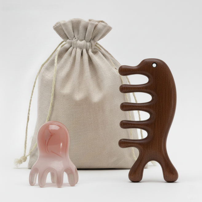 그린픽 괄사 마사지기 두피 마사지 지압 천연소재, 브라운, 1세트