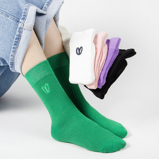 여성 하트 자수 골지 학생 양말 5켤레 세트