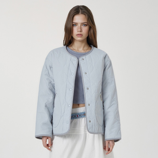 후아유 여성 퀼팅 경량 노카라 점퍼 스카이블루