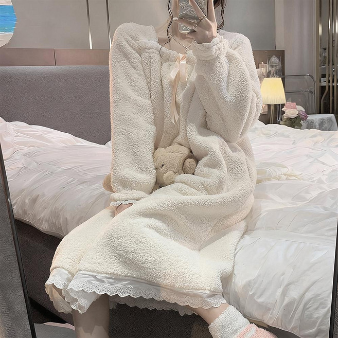 Jeernare 코랄플리스 원피스 잠옷 긴팔 여성 잠옷 원피스 레이스 테두리 여성 잠옷