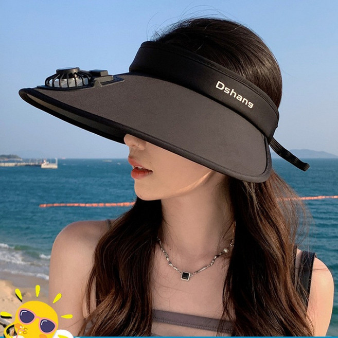 Dshans 遮陽帽女夏季空頂帶電風扇防曬帽成人大帽簷抗UV太陽帽