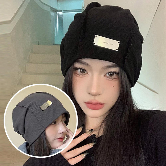 1+1 얼굴소멸 루즈핏 팔각 비니 금속 패치 빅사이즈 얇은 두건 대두 모자