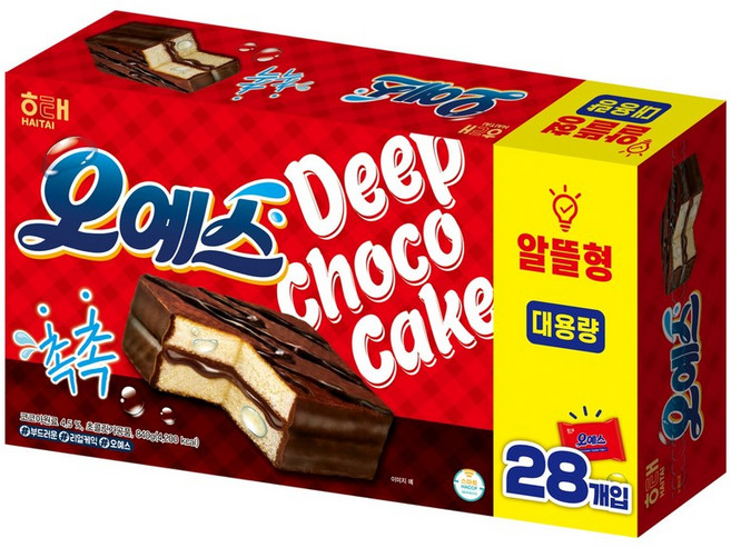 해태 오예스 실속형 28입 840g 부드러운 초코 케이크 간식, 28개, 30g