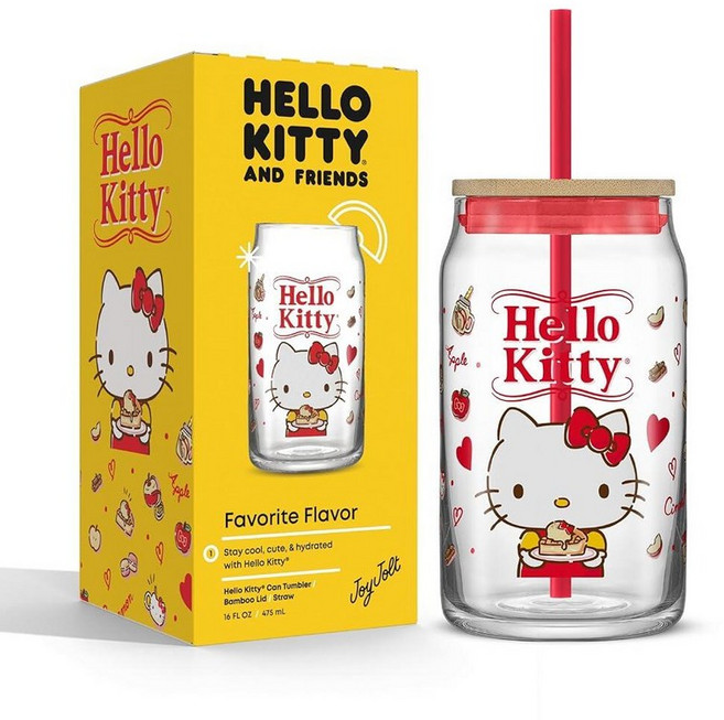 JoyJolt Sanrio 헬로 키티와 친구들 좋아하는 맛의 유리 텀블러 대나무 뚜껑과 빨대 포함 샘 방지 473.2ml(16온스) 투명 소다 캔 모양 컵 마이 멜로디, Hello Kitty, 1개