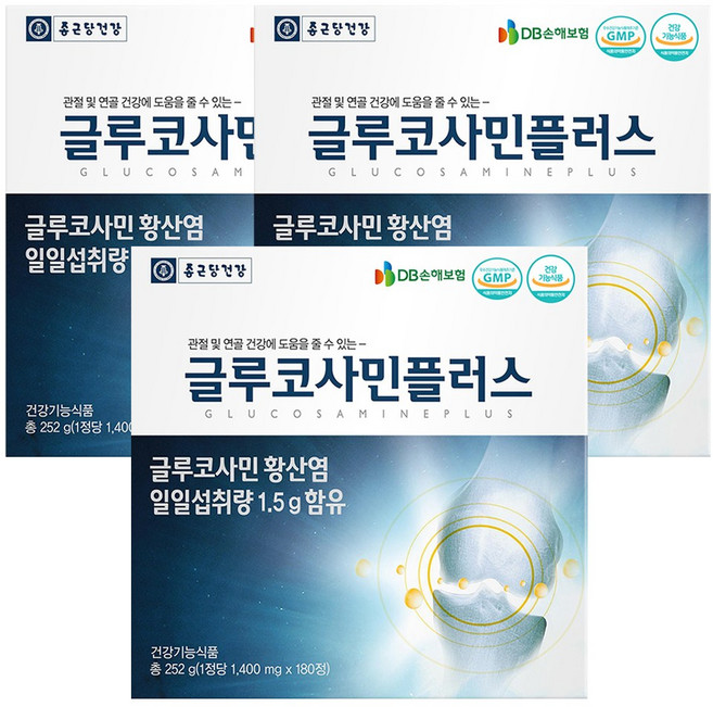 글루코사민플러스 글루코사민 황산염 관절 연골 건강 도움 해조분말 상어연골분말 홍화씨앗추출분말 초록입홍합분말 맥주효모, 180정, 3개